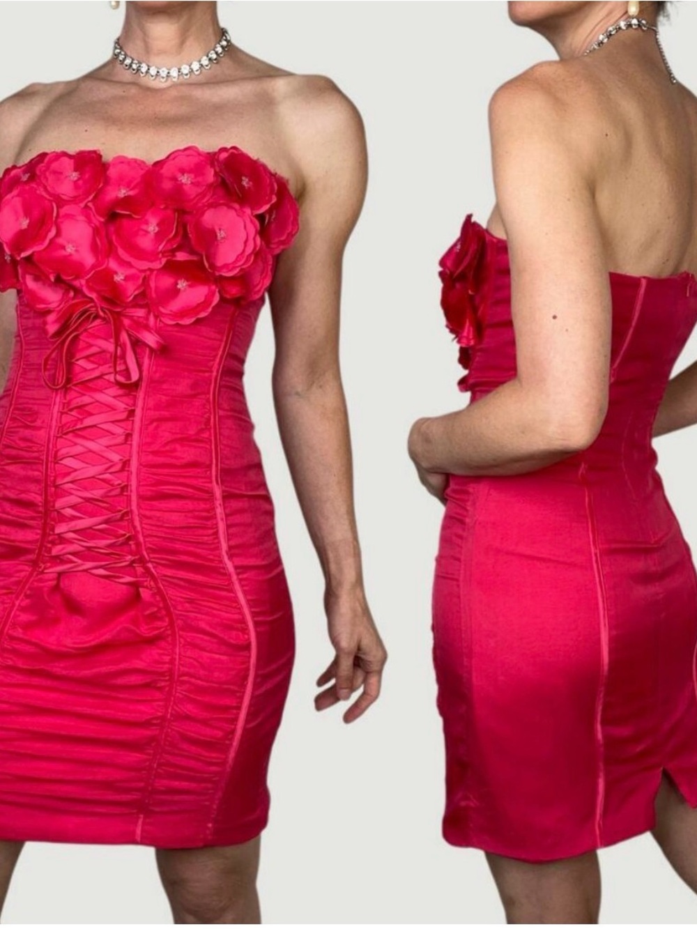 bebe‎ 100% silk beaded floral corset ruched mini dress strapless barbie pink M